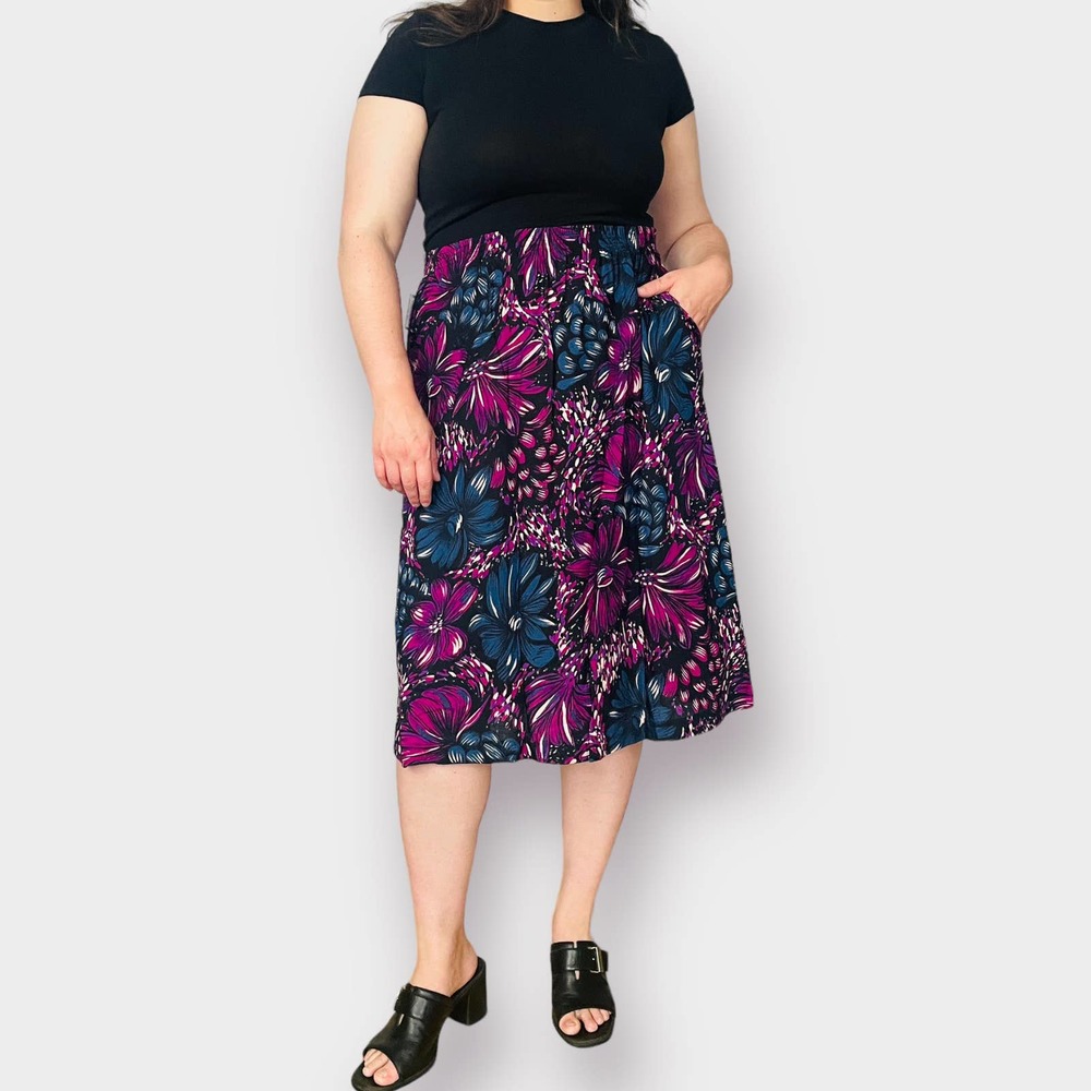 80s Fuchsia and Blue‎ Floral Skirt